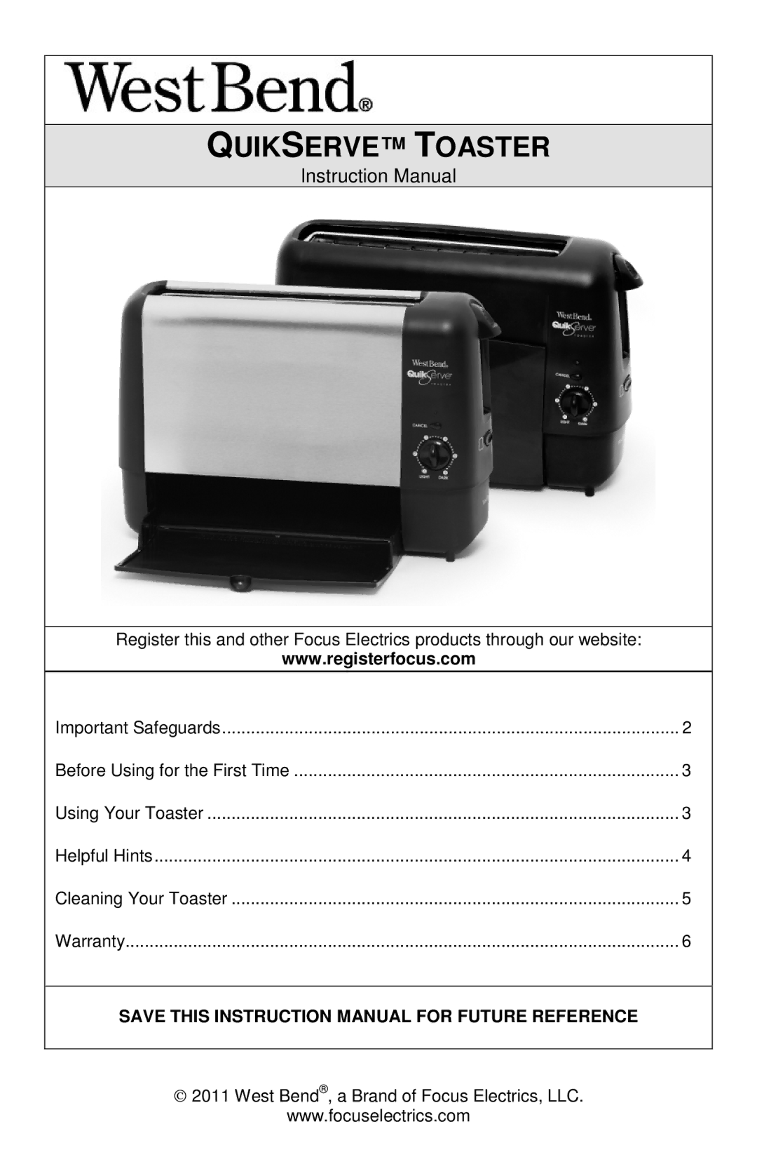 West Bend 643-050 instruction manual Quikserve Toaster 