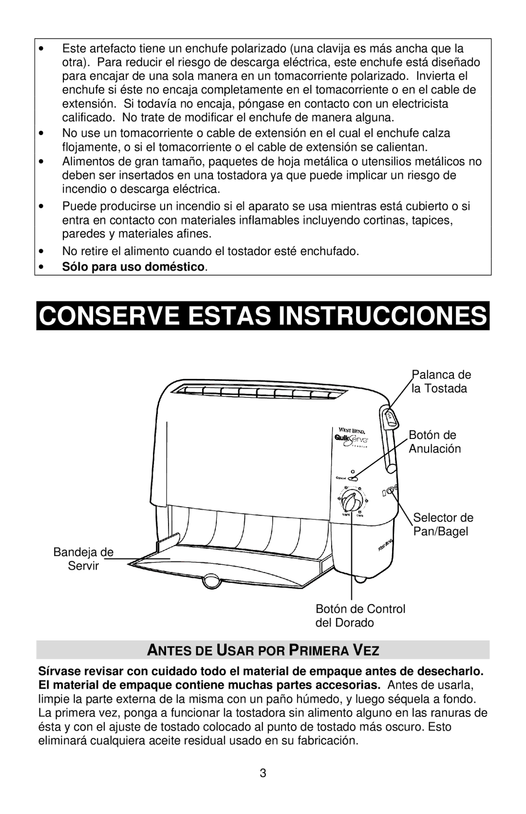 West Bend 643-050 instruction manual Conserve Estas Instrucciones, Antes DE Usar POR Primera VEZ 