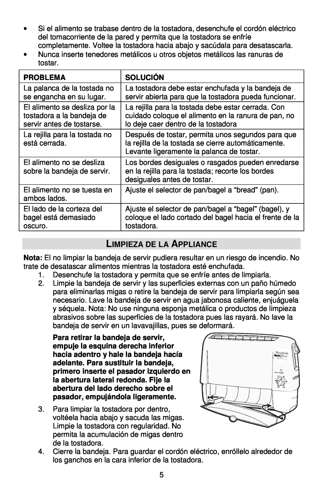 West Bend 643-050 instruction manual Limpieza De La Appliance, Problema, Solución 