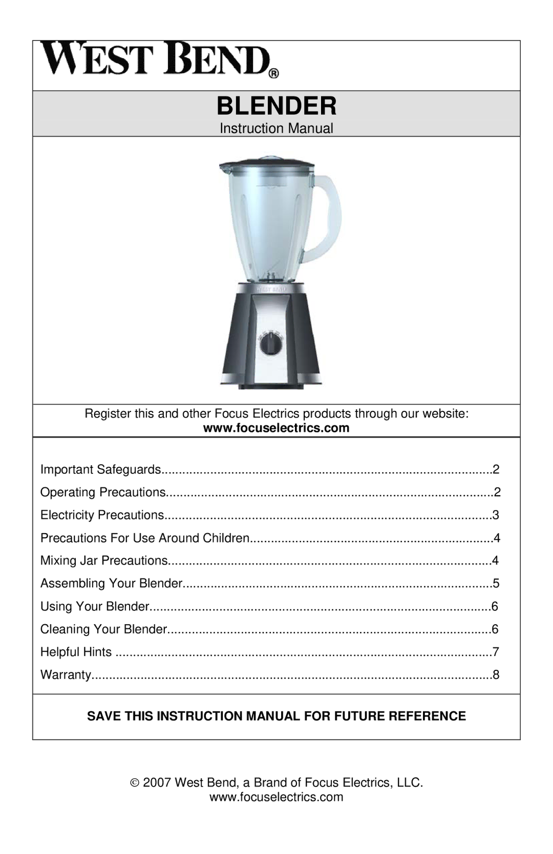 West Bend L5696, 6575 instruction manual Blender 