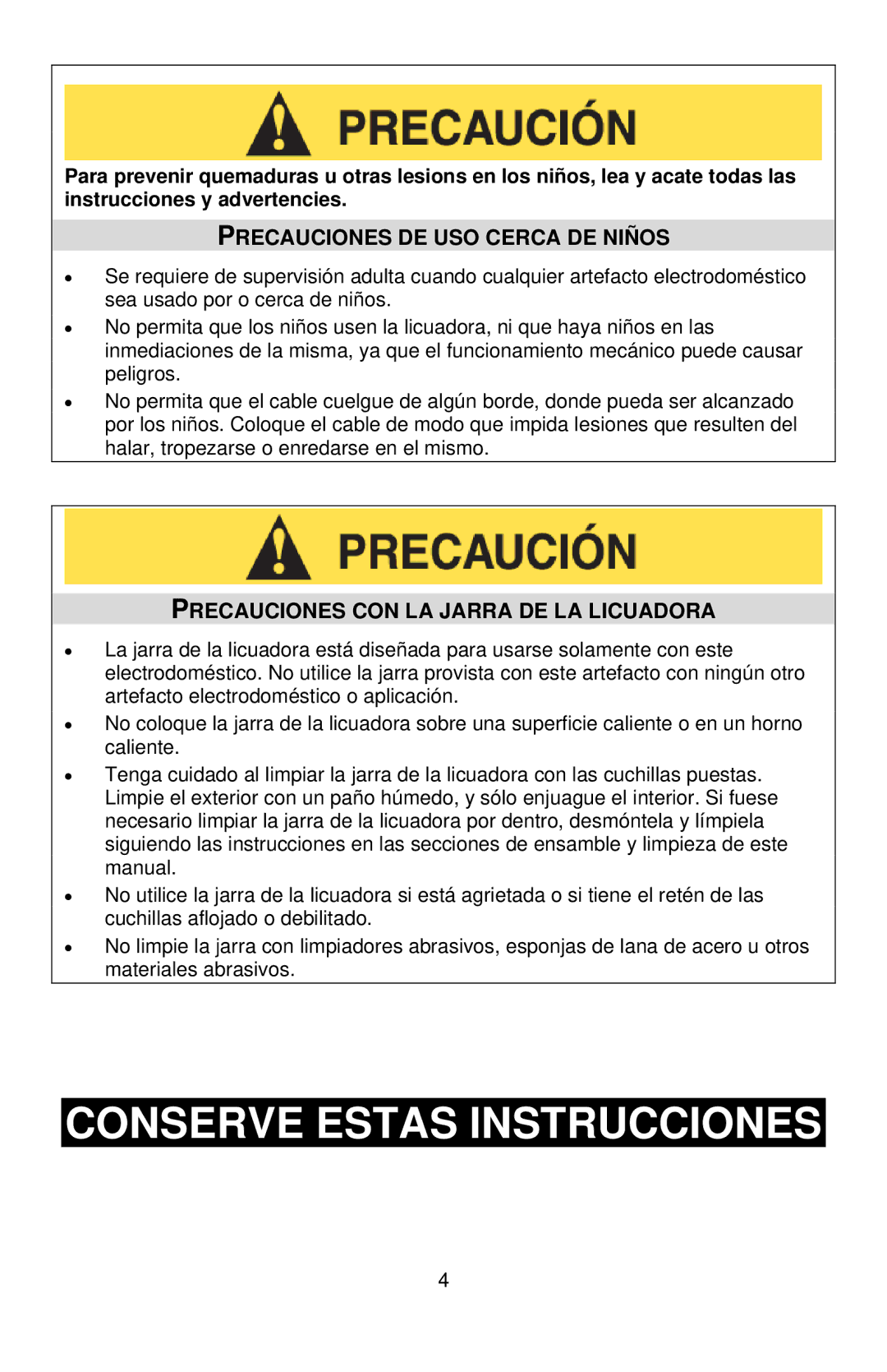 West Bend 6575 Conserve Estas Instrucciones, Precauciones DE USO Cerca DE Niños, Precauciones CON LA Jarra DE LA Licuadora 