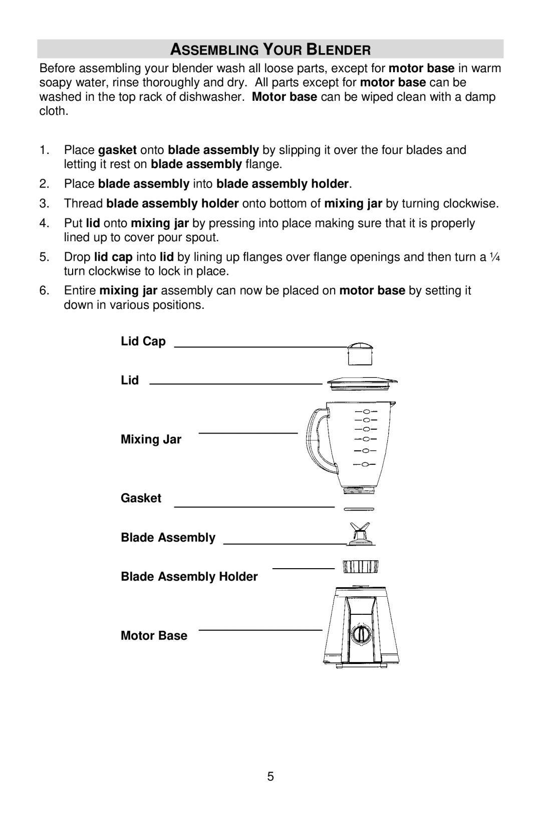 West Bend L5696, 6575 instruction manual Assembling Your Blender, Place blade assembly into blade assembly holder 