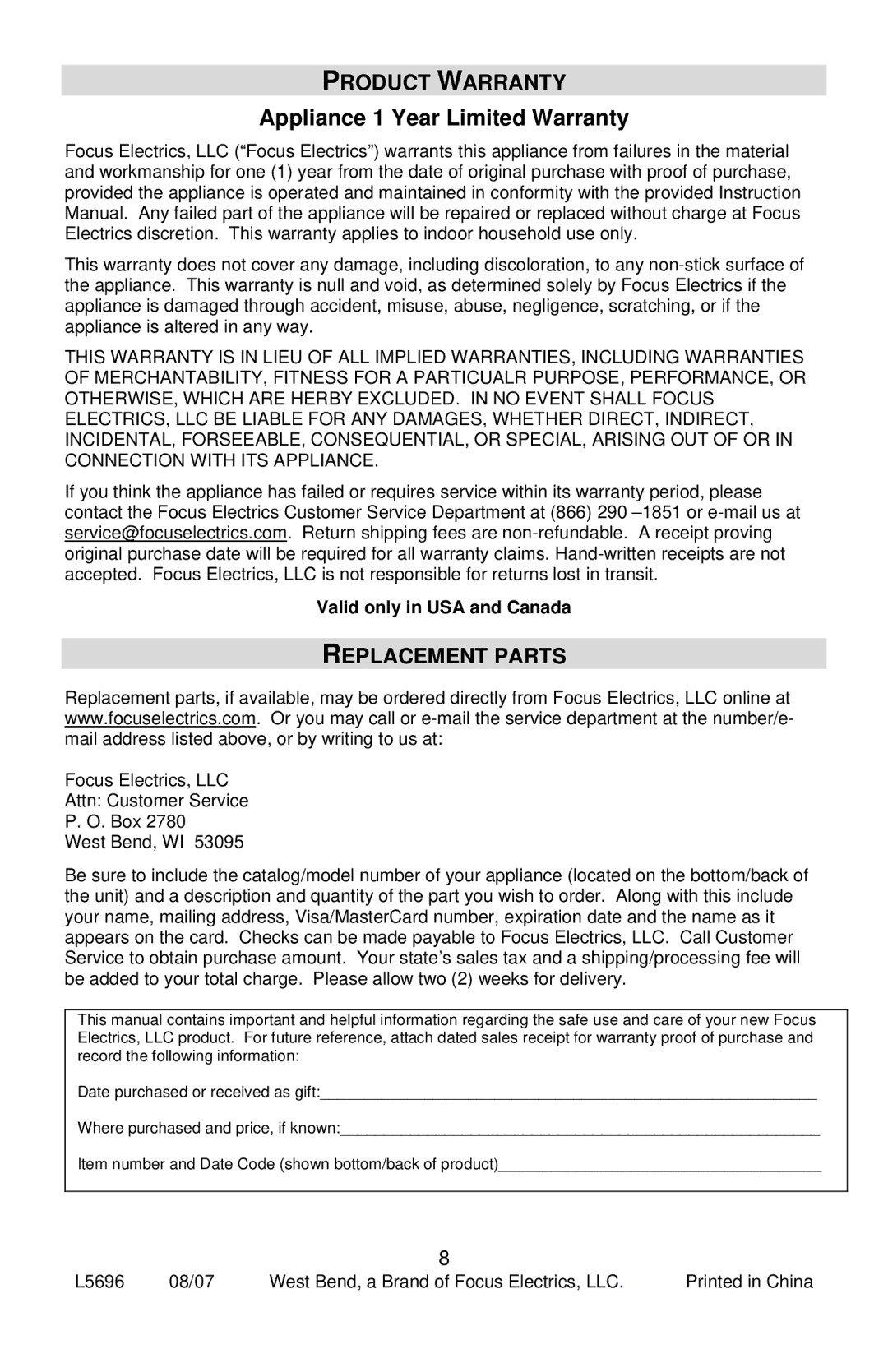 West Bend 6575, L5696 instruction manual Product Warranty, Replacement Parts 