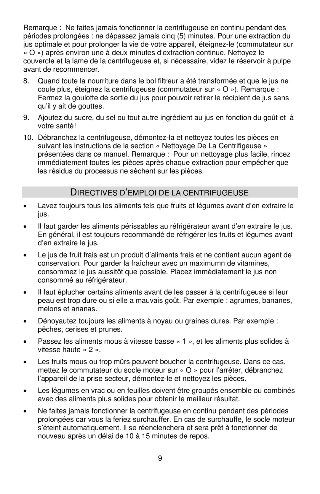 West Bend L5760, 7000CF instruction manual Directives Demploi DE LA Centrifugeuse 