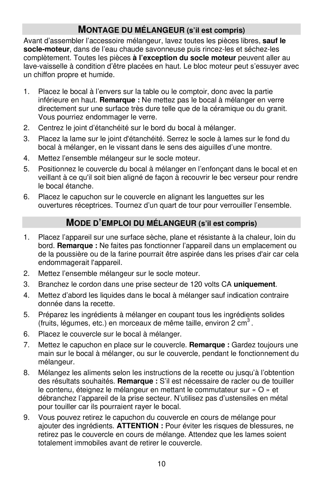 West Bend 7000CF, L5760 Montage DU Mélangeur s’il est compris, Mode D’EMPLOI DU Mélangeur s’il est compris 