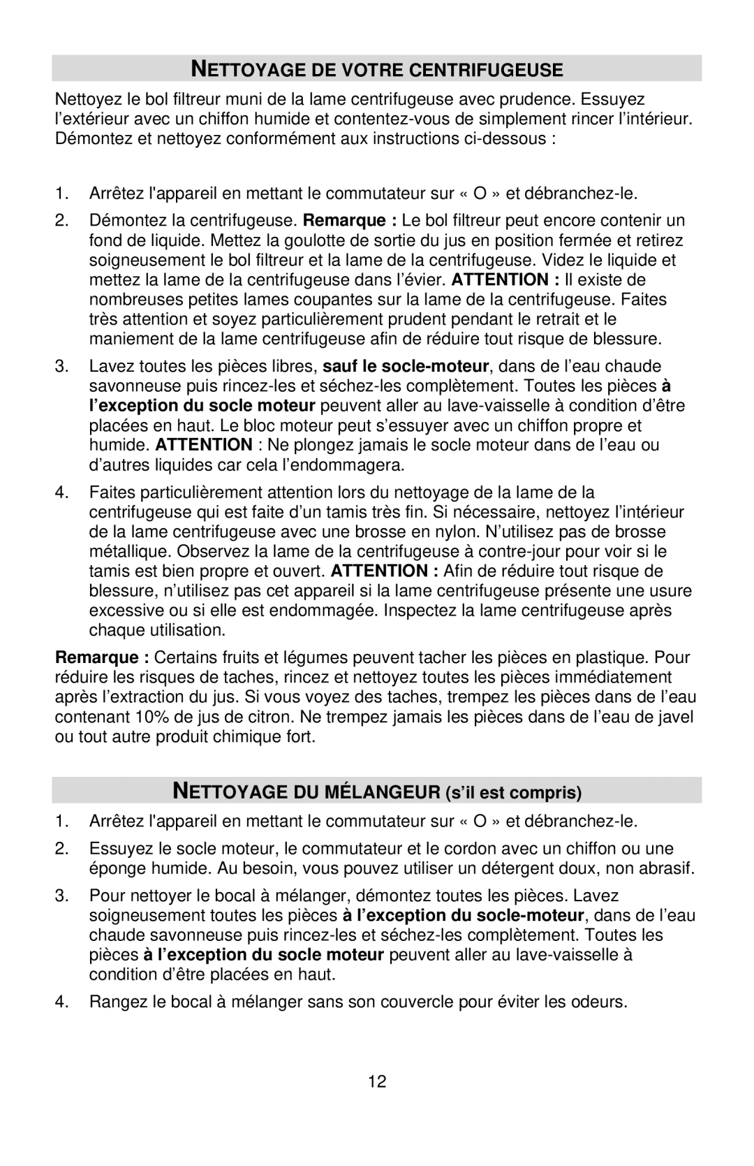 West Bend 7000CF, L5760 instruction manual Nettoyage DE Votre Centrifugeuse, Nettoyage DU Mélangeur s’il est compris 