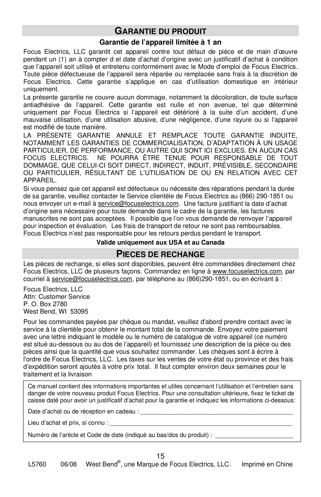 West Bend L5760, 7000CF instruction manual Garantie DU Produit, Pieces DE Rechange, Garantie de l’appareil limitée à 1 an 