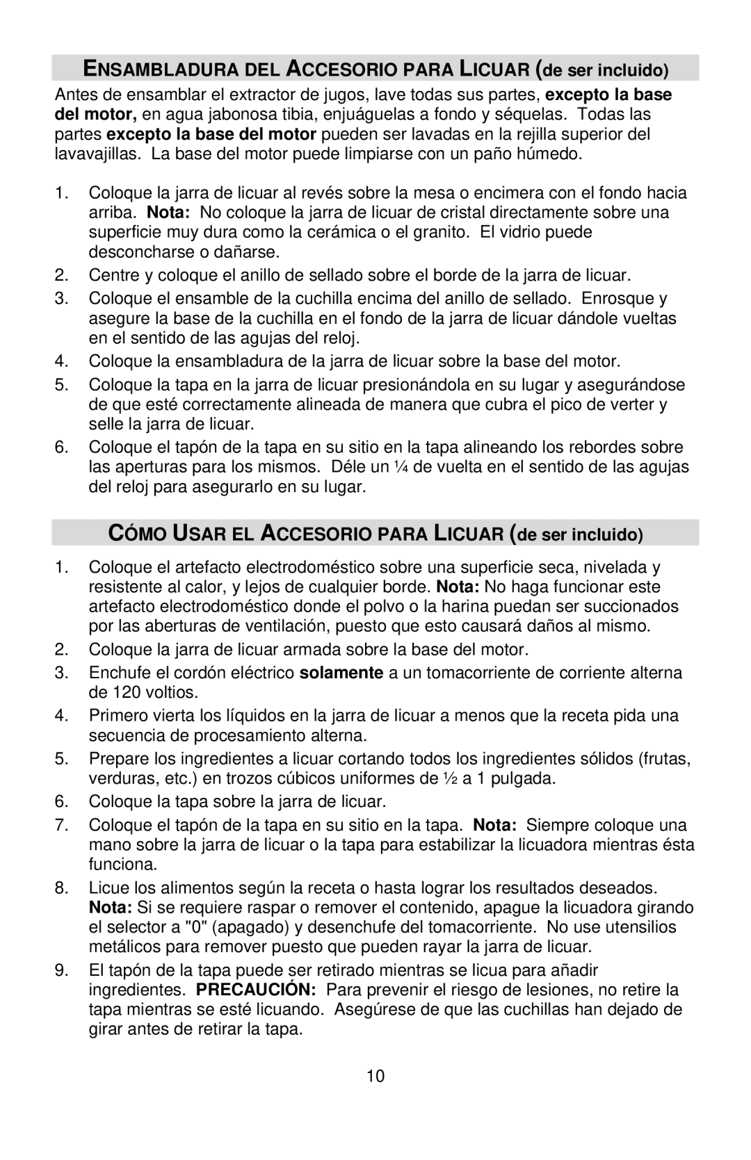 West Bend 7000CF, L5760 instruction manual Ensambladura DEL Accesorio Para Licuar de ser incluido 