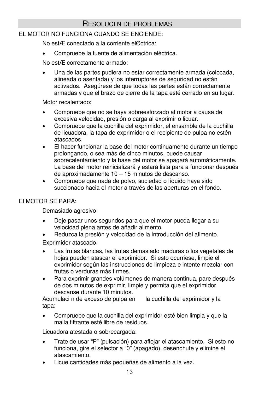 West Bend L5760, 7000CF instruction manual Resolución DE Problemas, EL Motor no Funciona Cuando SE Enciende 