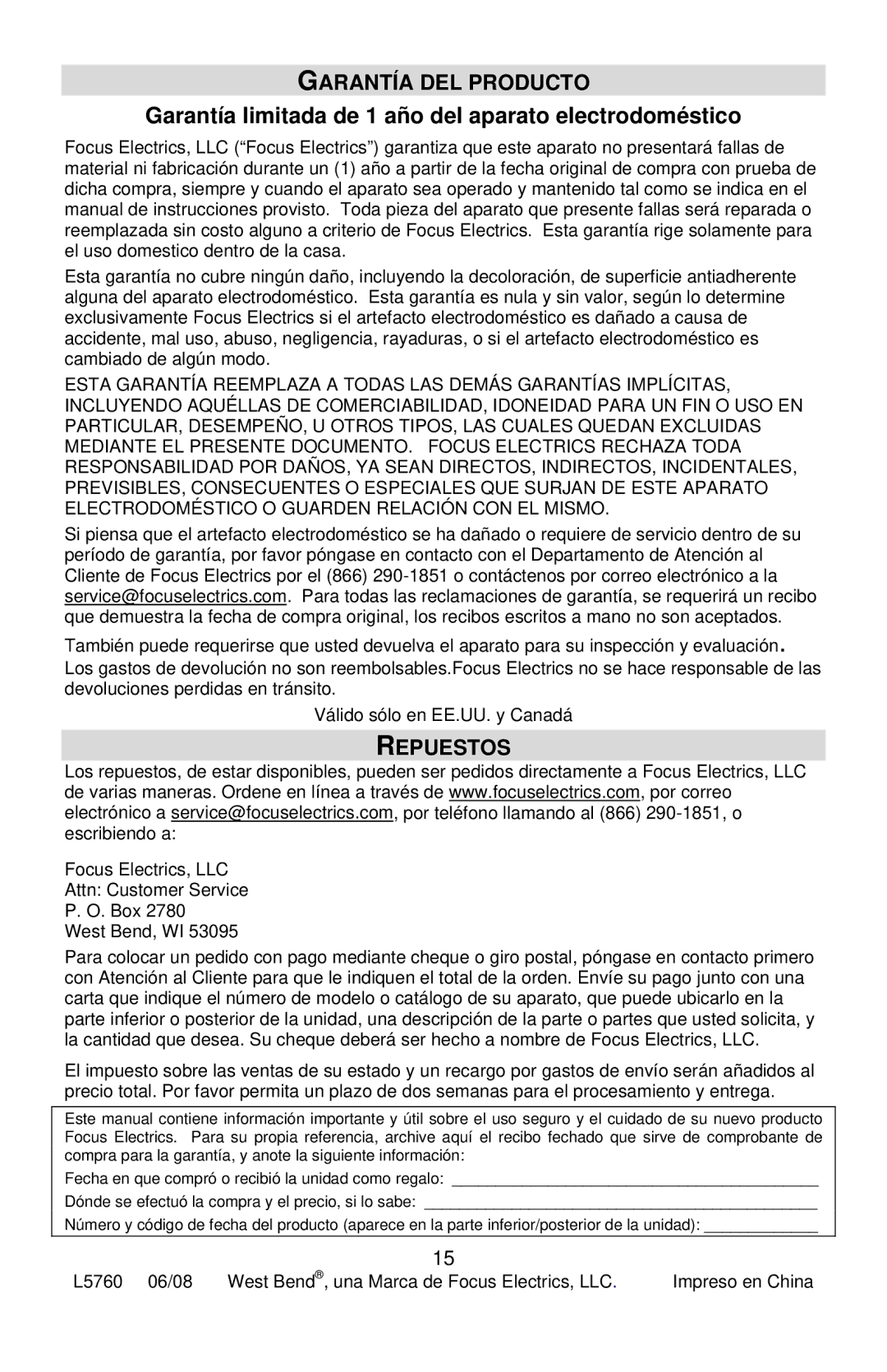 West Bend L5760, 7000CF Garantía DEL Producto, Garantía limitada de 1 año del aparato electrodoméstico, Repuestos 