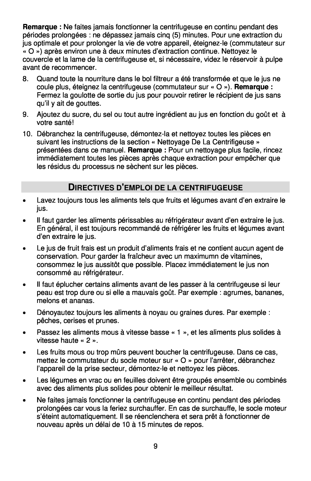 West Bend L5760, 7000CF instruction manual Directives Demploi De La Centrifugeuse 