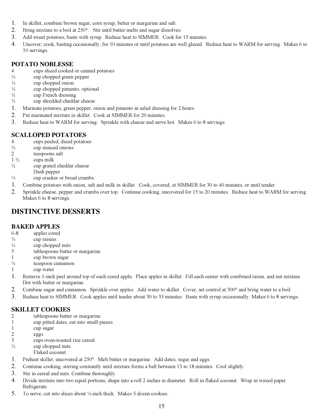 West Bend 72000 instruction manual Distinctive Desserts, Potato Noblesse, Scalloped Potatoes, Baked Apples, Skillet Cookies 