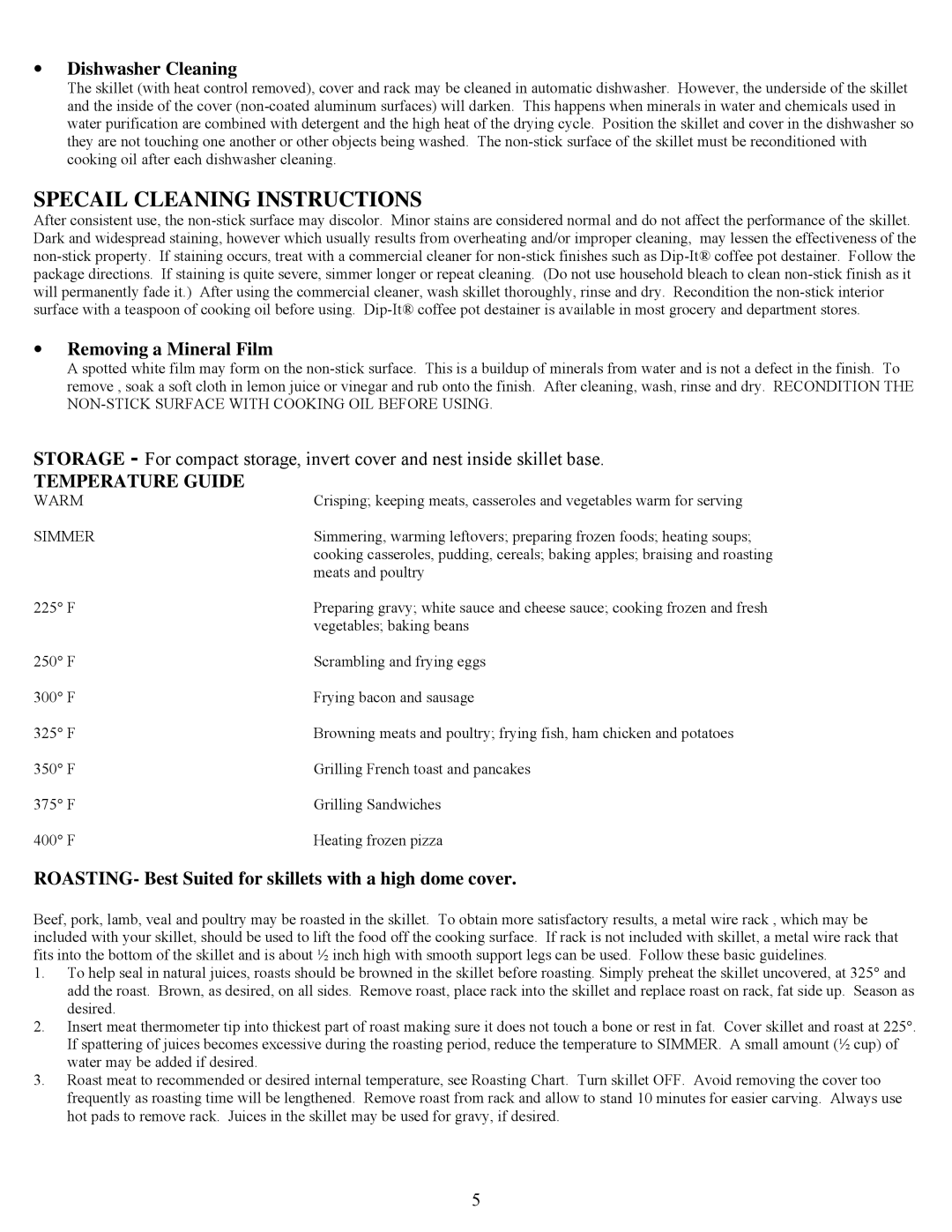 West Bend 72000 Specail Cleaning Instructions, Dishwasher Cleaning, Removing a Mineral Film, Temperature Guide 