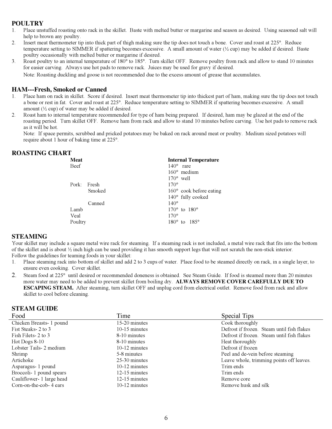 West Bend 72000 instruction manual Poultry, HAM---Fresh, Smoked or Canned, Roasting Chart, Steaming, Steam Guide 