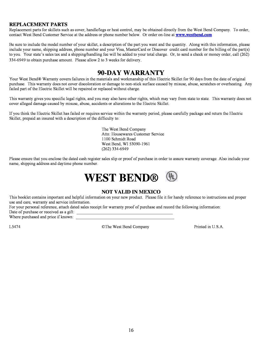West Bend 72000 instruction manual Day Warranty, Replacement Parts, Not Valid In Mexico, West Bend 