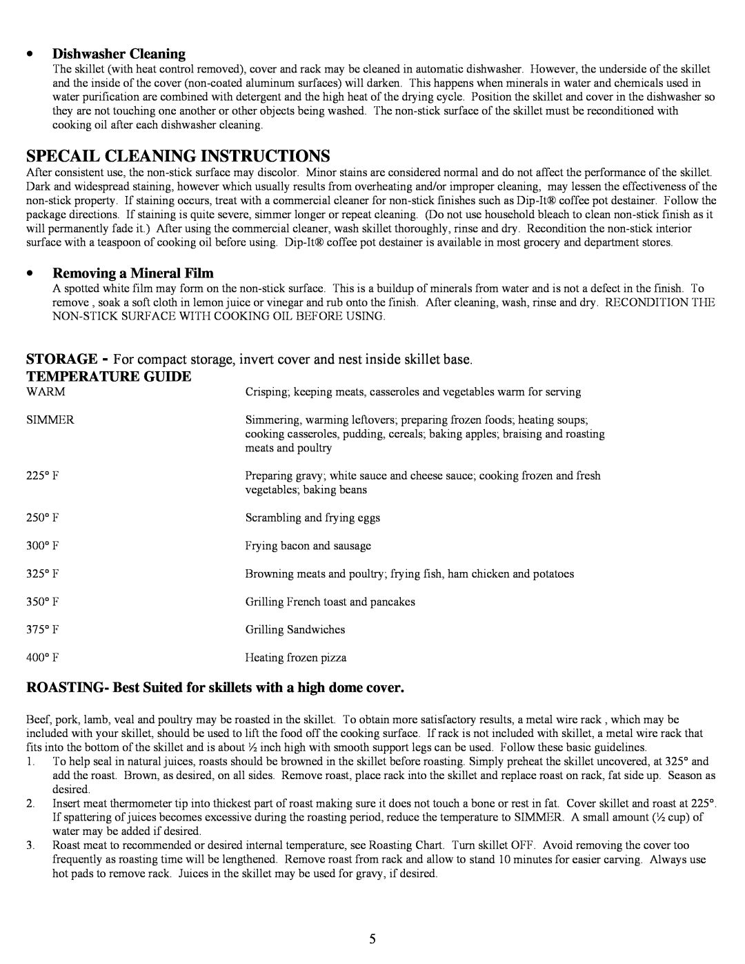 West Bend 72000 Specail Cleaning Instructions, Dishwasher Cleaning, Removing a Mineral Film, Temperature Guide 