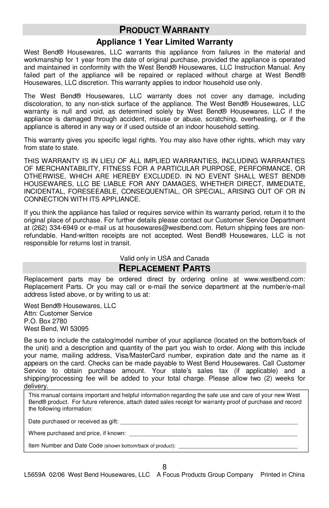 West Bend 74766 instruction manual Product Warranty, Replacement Parts 