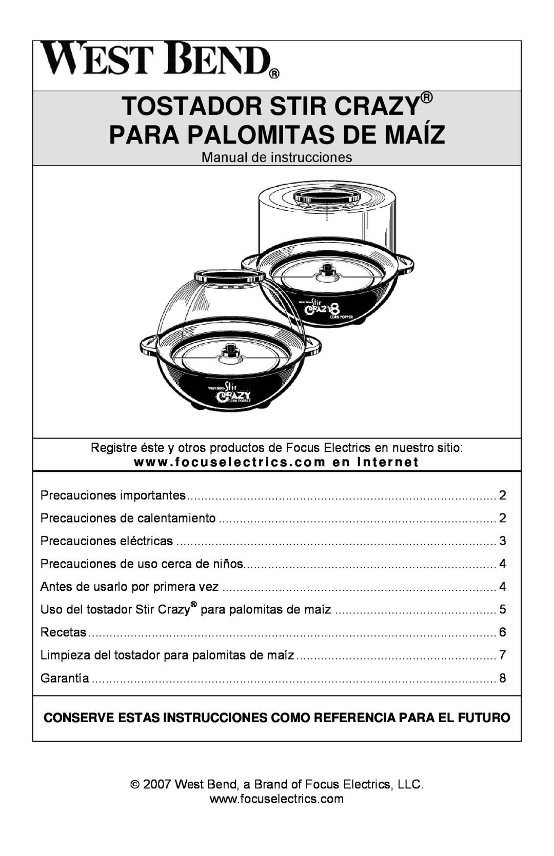 West Bend L5557B, 82306 instruction manual Tostador Stir Crazy Para Palomitas De Maíz, Manual de instrucciones 