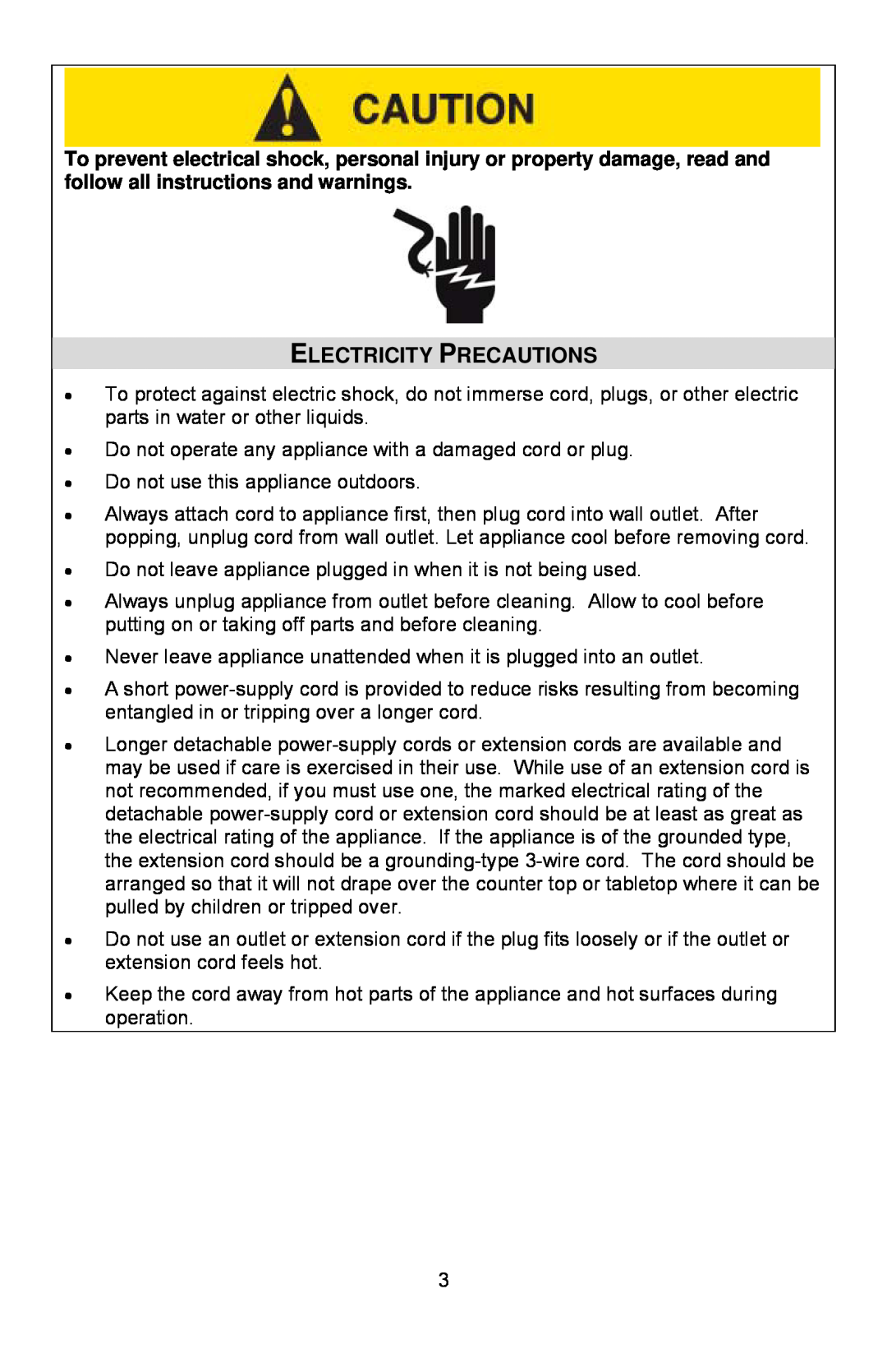 West Bend L5557B, 82306 instruction manual Electricity Precautions 