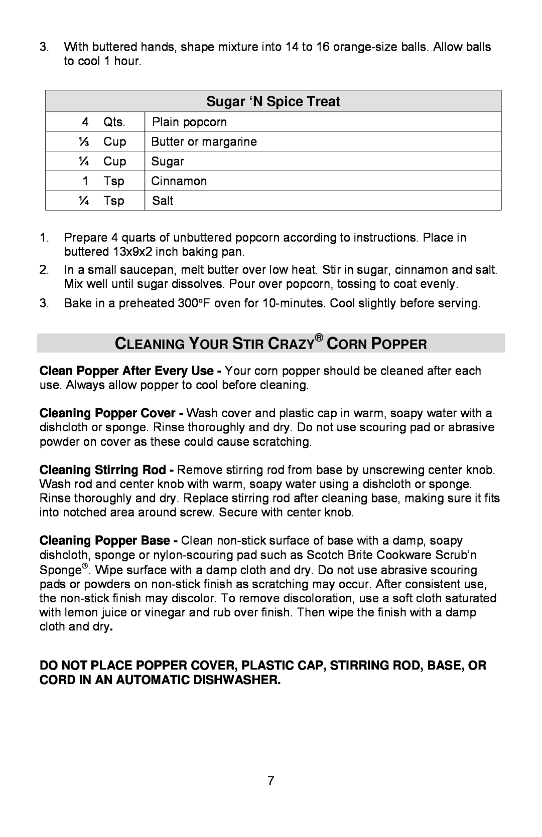West Bend L5557B, 82306 instruction manual Sugar ‘N Spice Treat, Cleaning Your Stir Crazy Corn Popper 