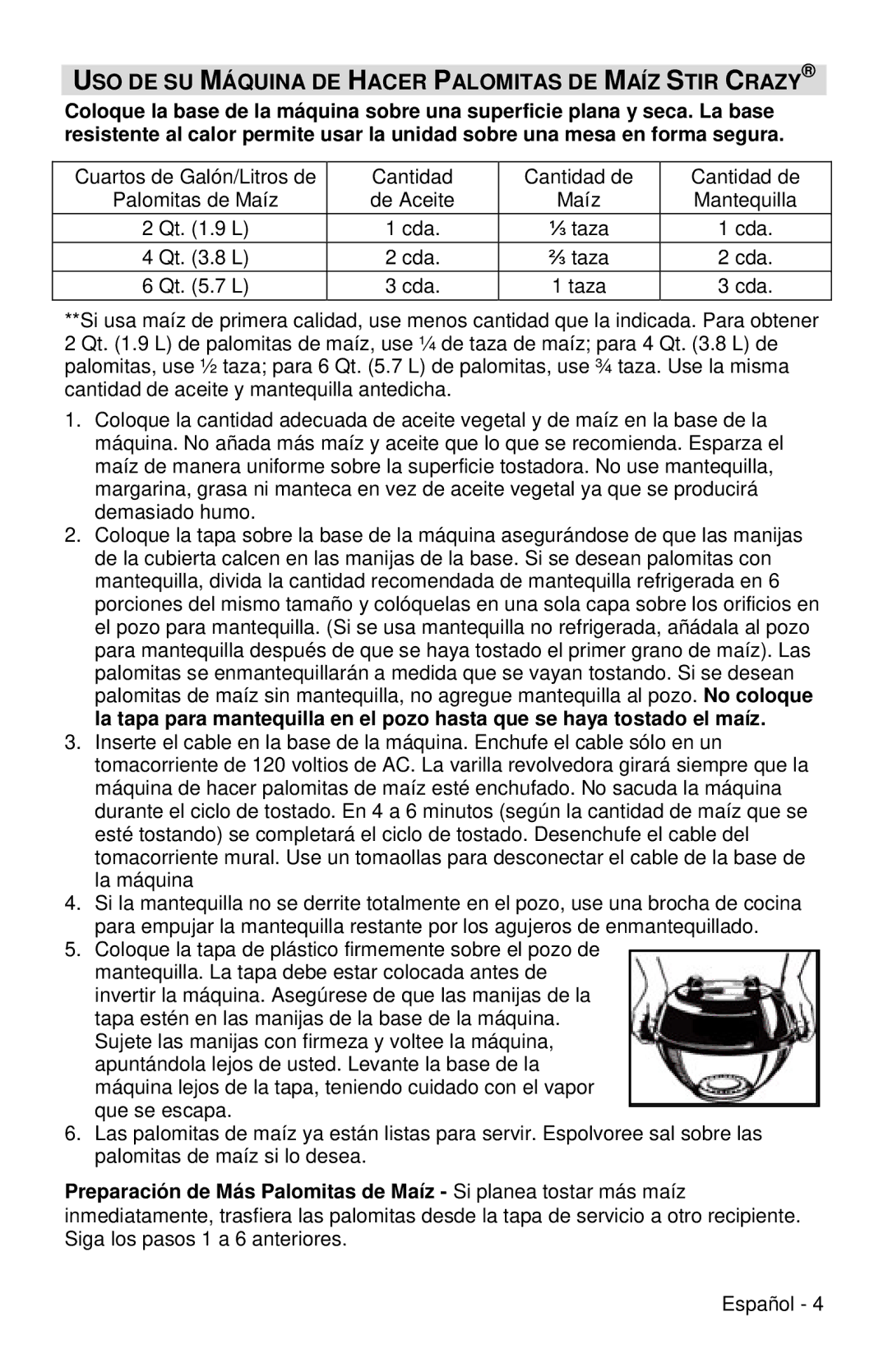 West Bend 82306X instruction manual USO DE SU Máquina DE Hacer Palomitas DE Maíz Stir Crazy 