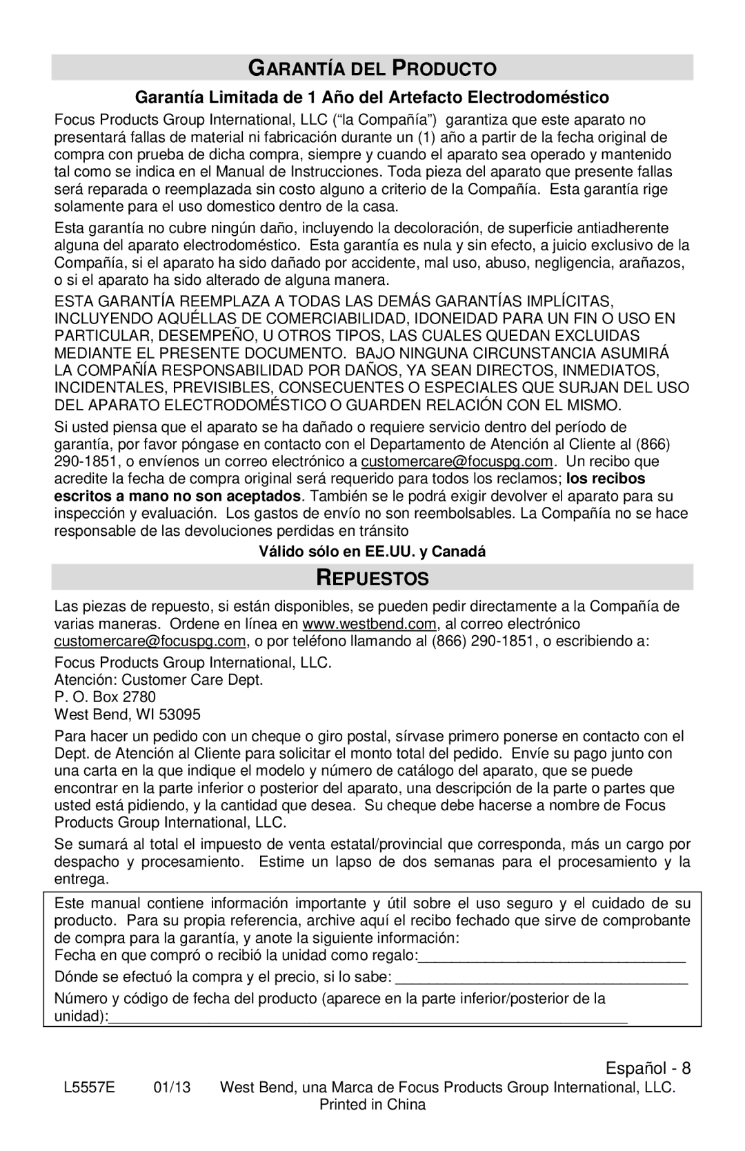 West Bend 82306X Garantía DEL Producto, Repuestos, Garantía Limitada de 1 Año del Artefacto Electrodoméstico 