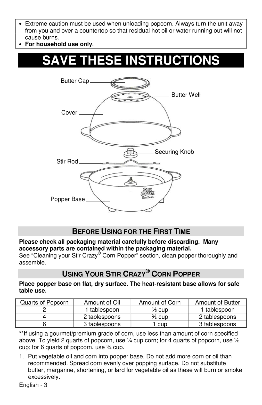 West Bend 82306X Before Using for the First Time, Using Your Stir Crazy Corn Popper, For household use only 