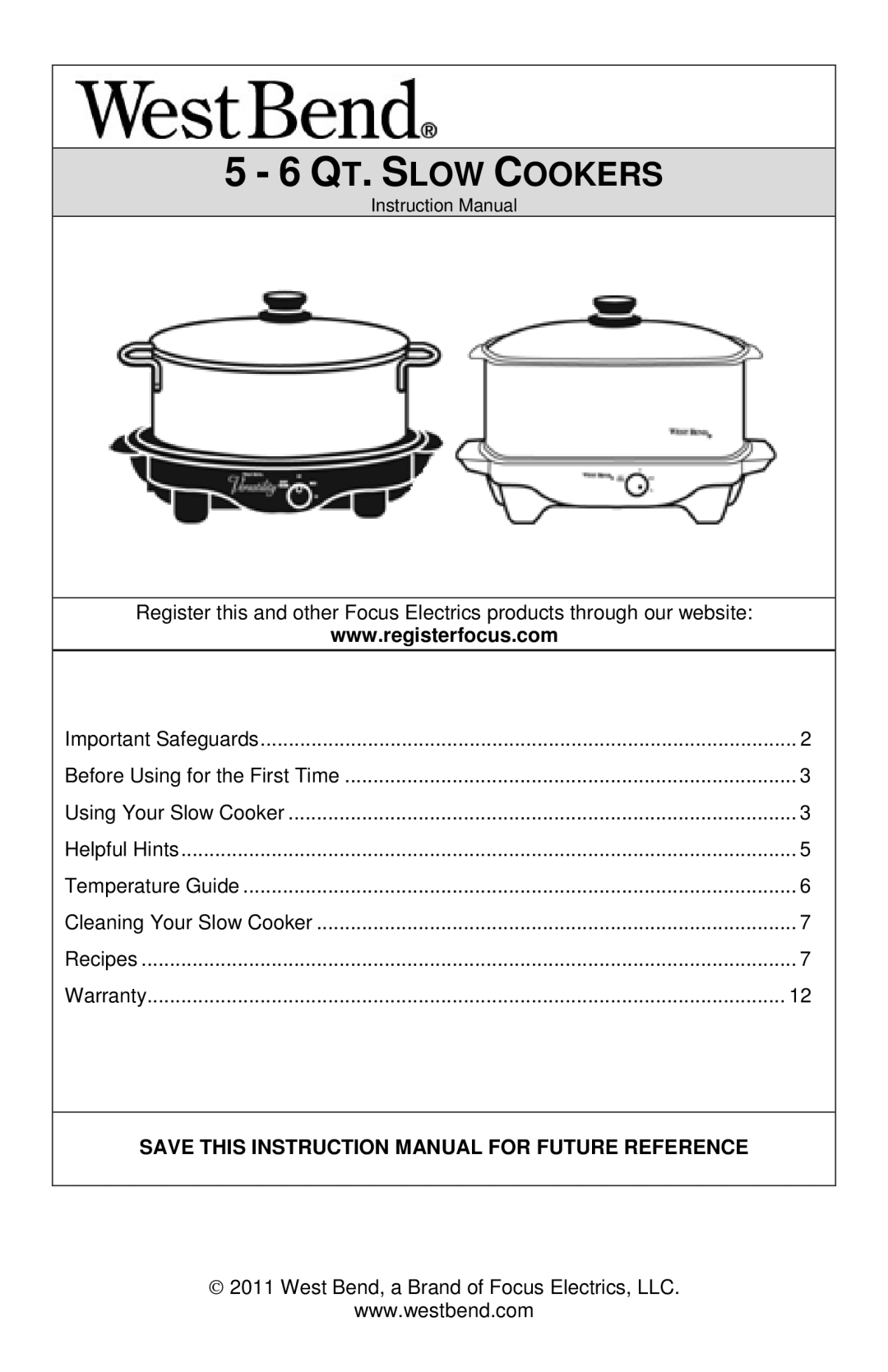 West Bend 84915 instruction manual QT. Slow Cookers 