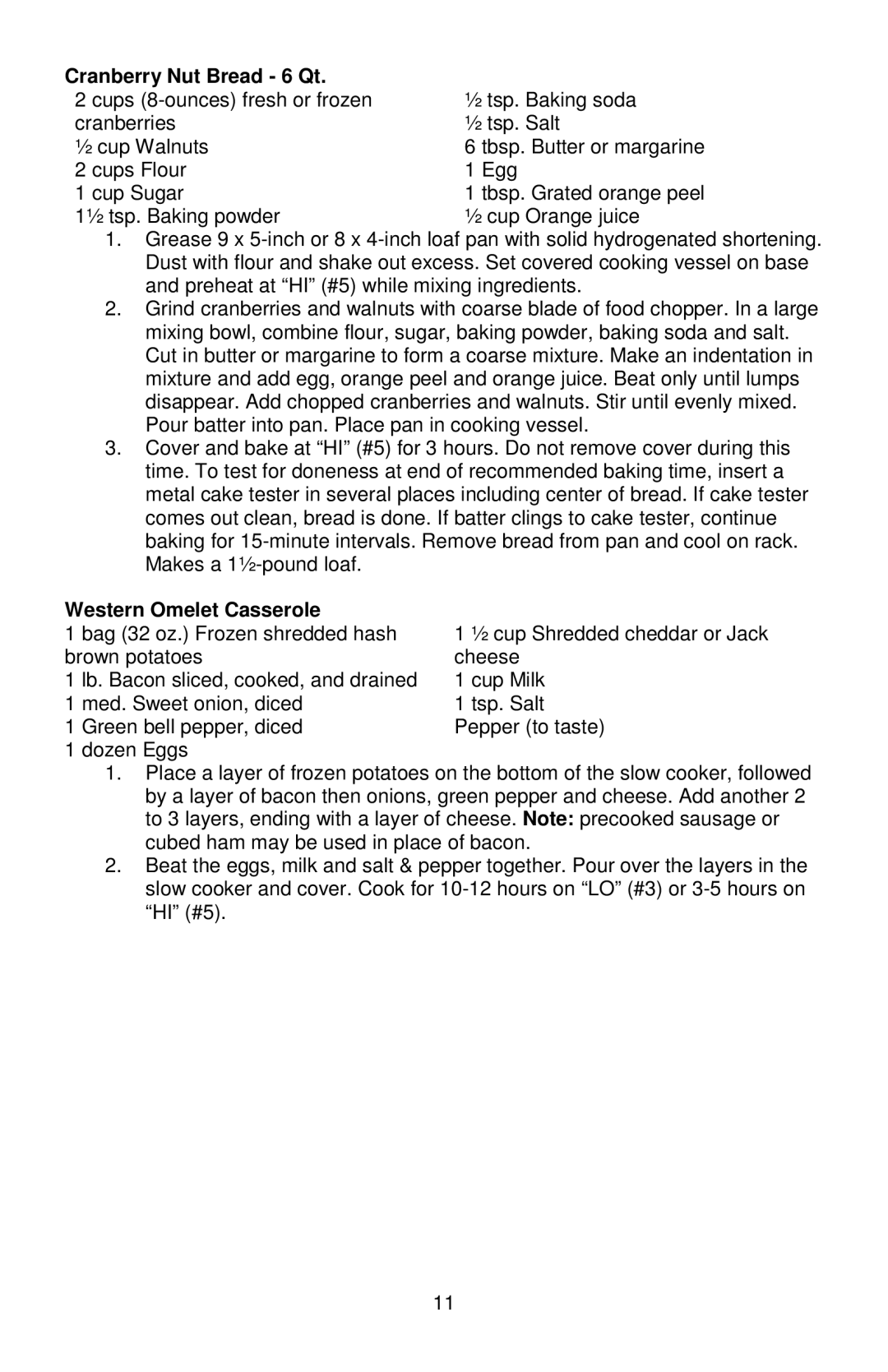 West Bend 84915 instruction manual Cranberry Nut Bread 6 Qt, Western Omelet Casserole 