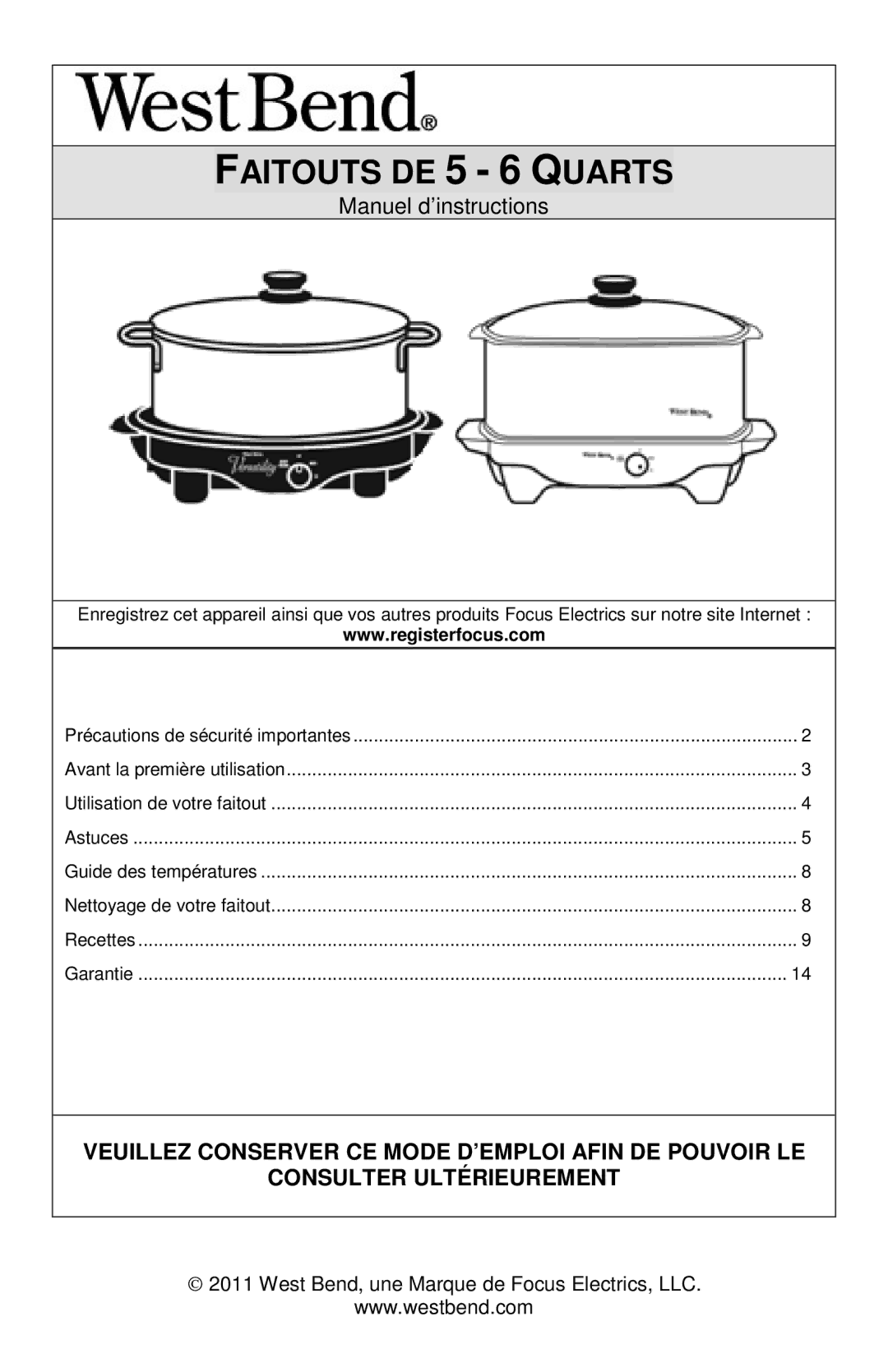 West Bend 84915 instruction manual Faitouts DE 5 6 Quarts 