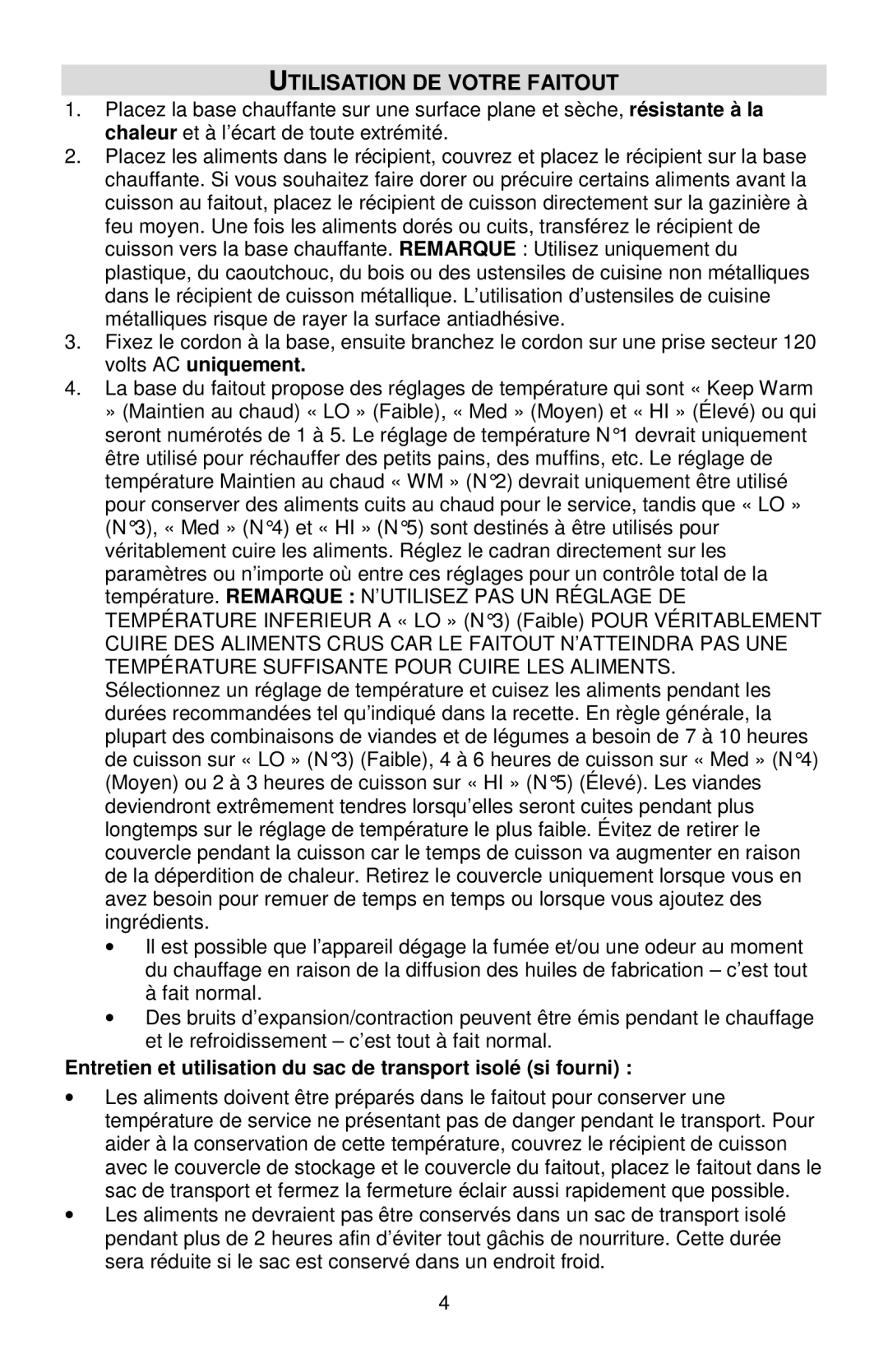 West Bend 84915 Utilisation DE Votre Faitout, Entretien et utilisation du sac de transport isolé si fourni 