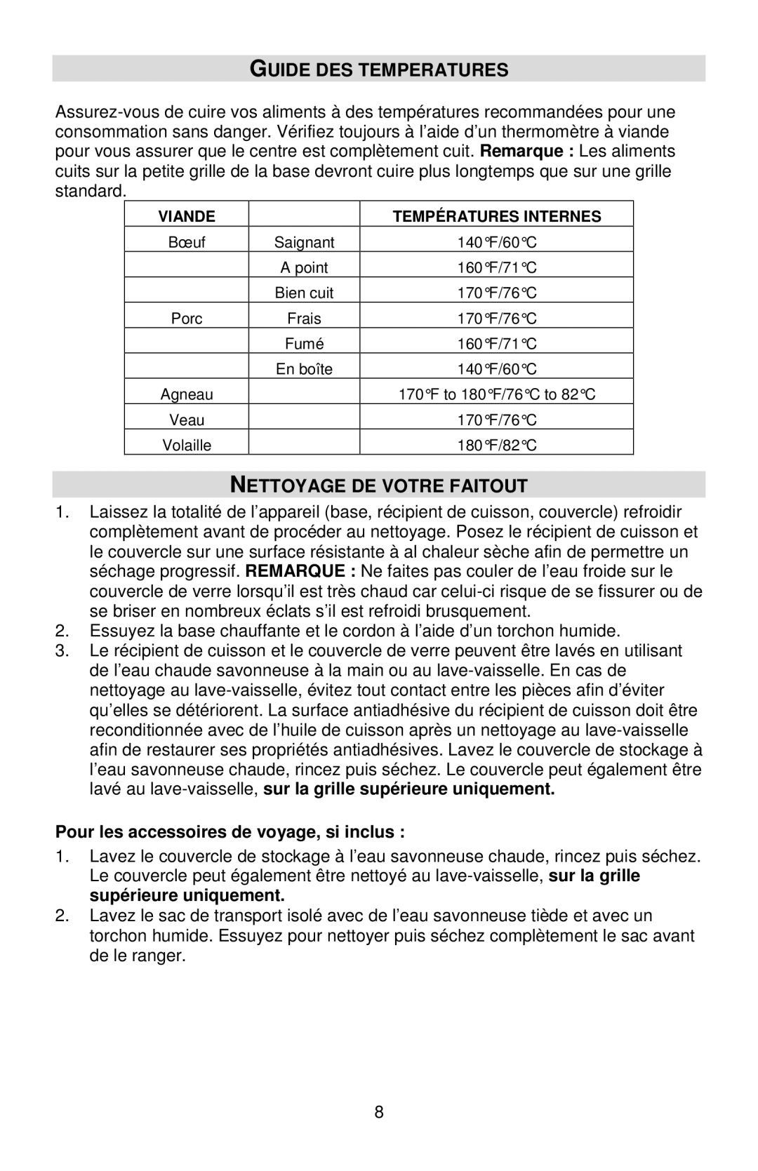 West Bend 84915 Guide DES Temperatures, Nettoyage DE Votre Faitout, Pour les accessoires de voyage, si inclus 