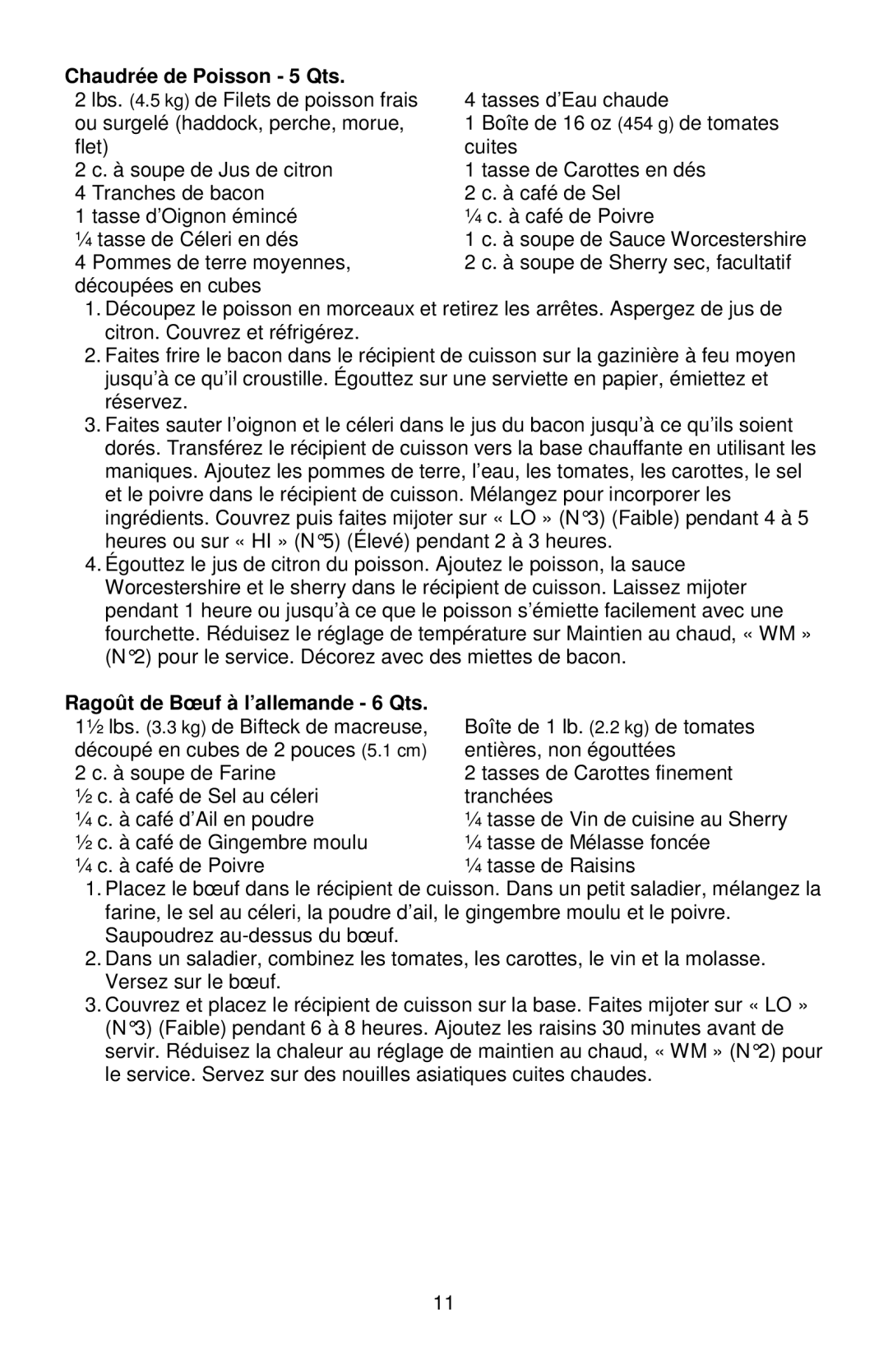 West Bend 84915 instruction manual Chaudrée de Poisson 5 Qts, Ragoût de Bœuf à l’allemande 6 Qts 