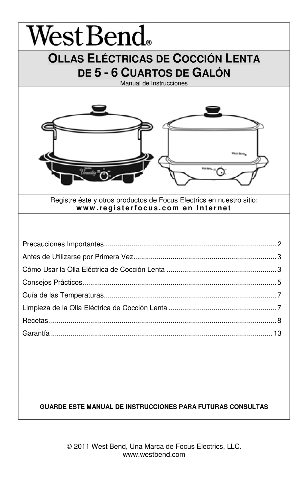 West Bend 84915 instruction manual Ollas Eléctricas DE Cocción Lenta DE 5 6 Cuartos DE Galón 