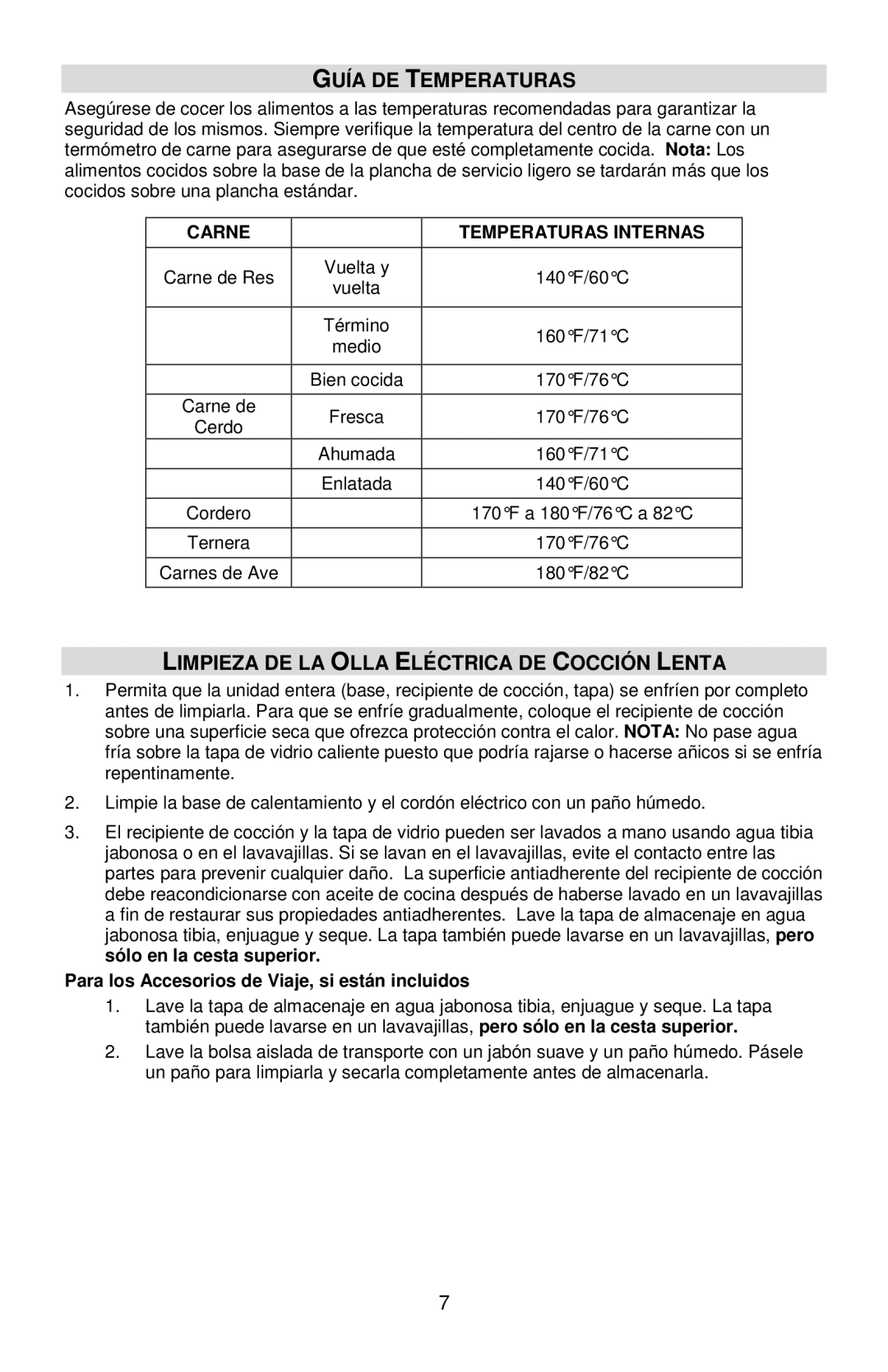 West Bend 84915 instruction manual Guía DE Temperaturas, Para los Accesorios de Viaje, si están incluidos 