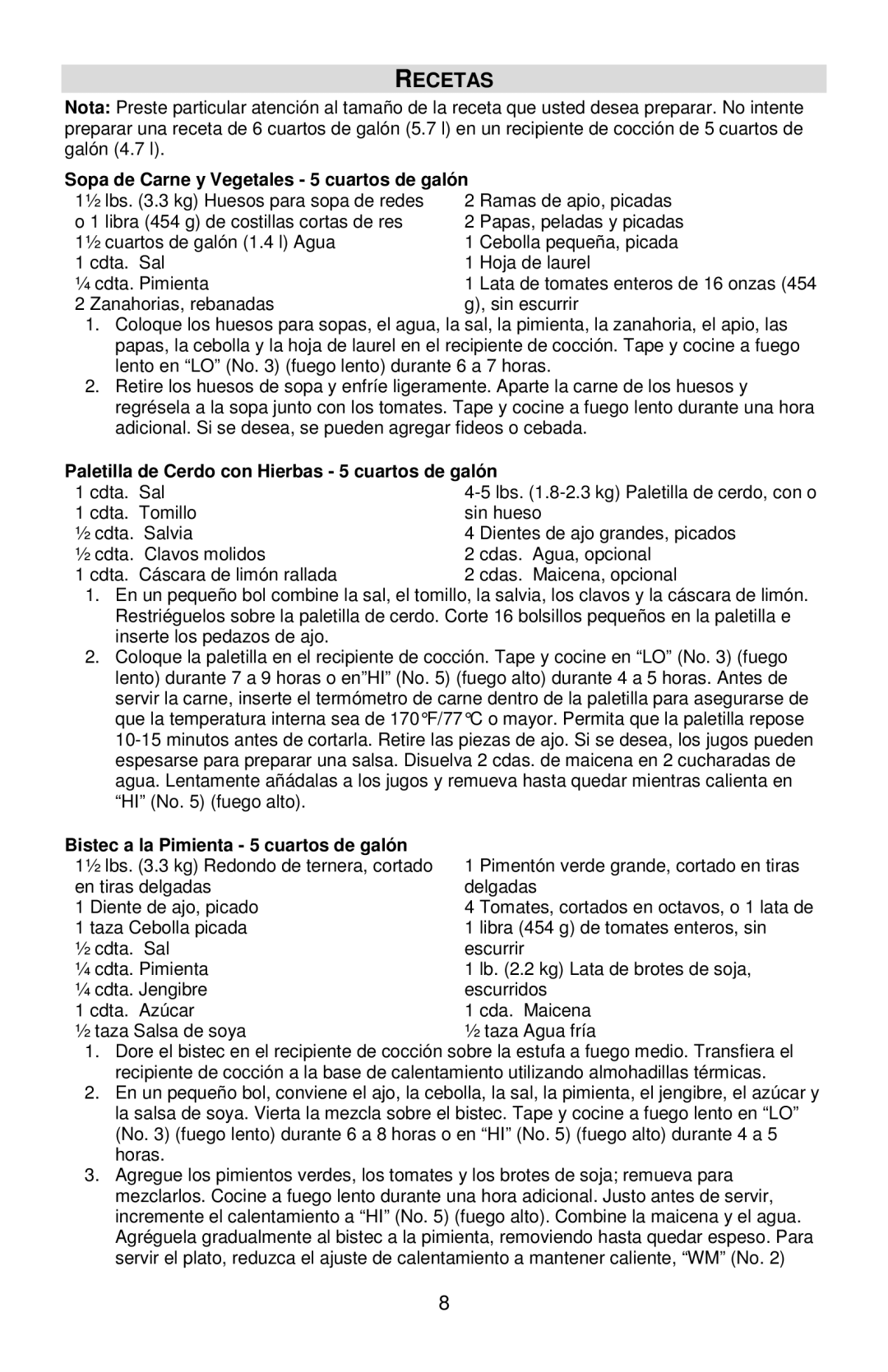 West Bend 84915 Paletilla de Cerdo con Hierbas 5 cuartos de galón, Bistec a la Pimienta 5 cuartos de galón 