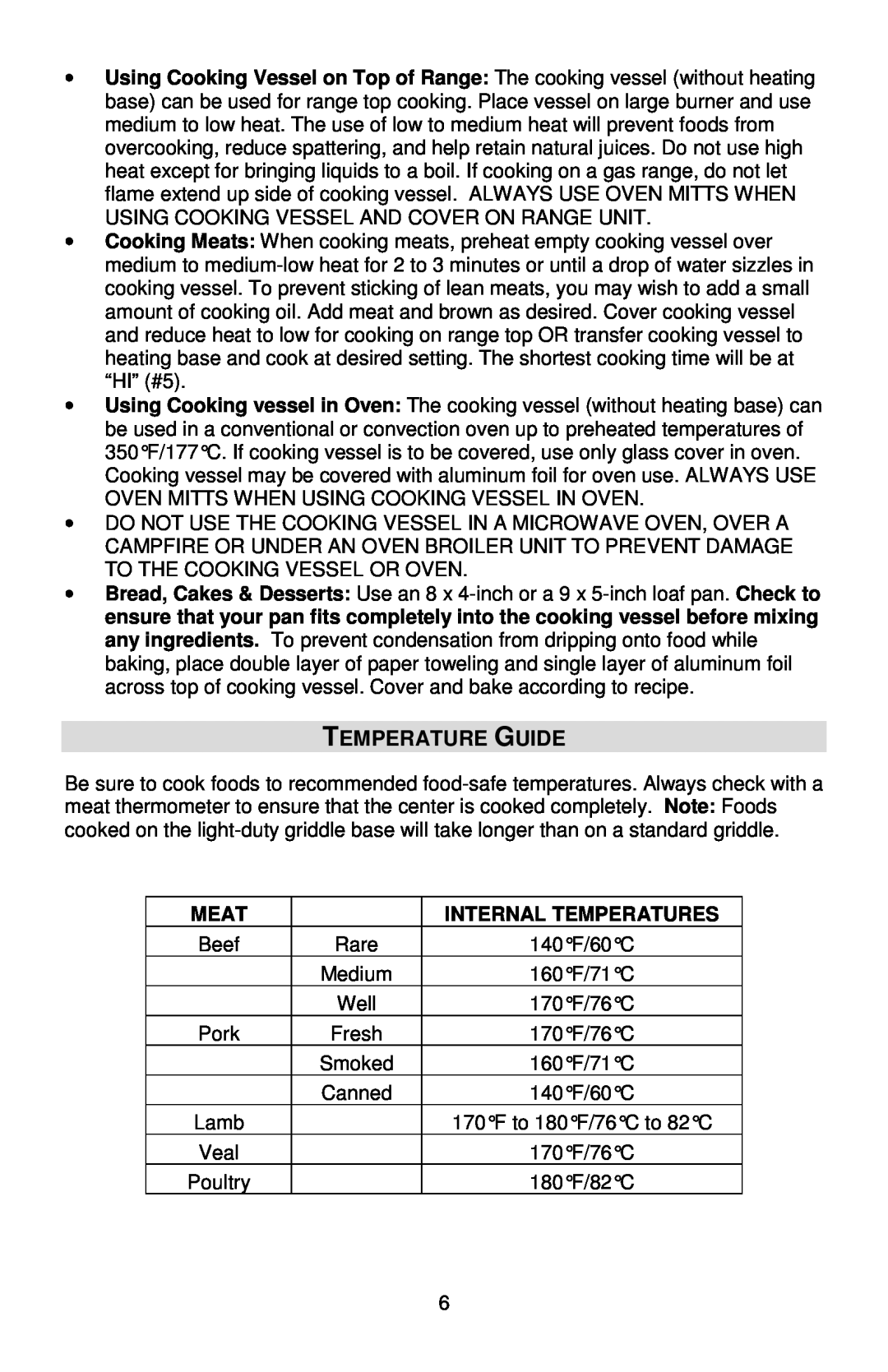 West Bend 84915 instruction manual Temperature Guide, Meat, Internal Temperatures 