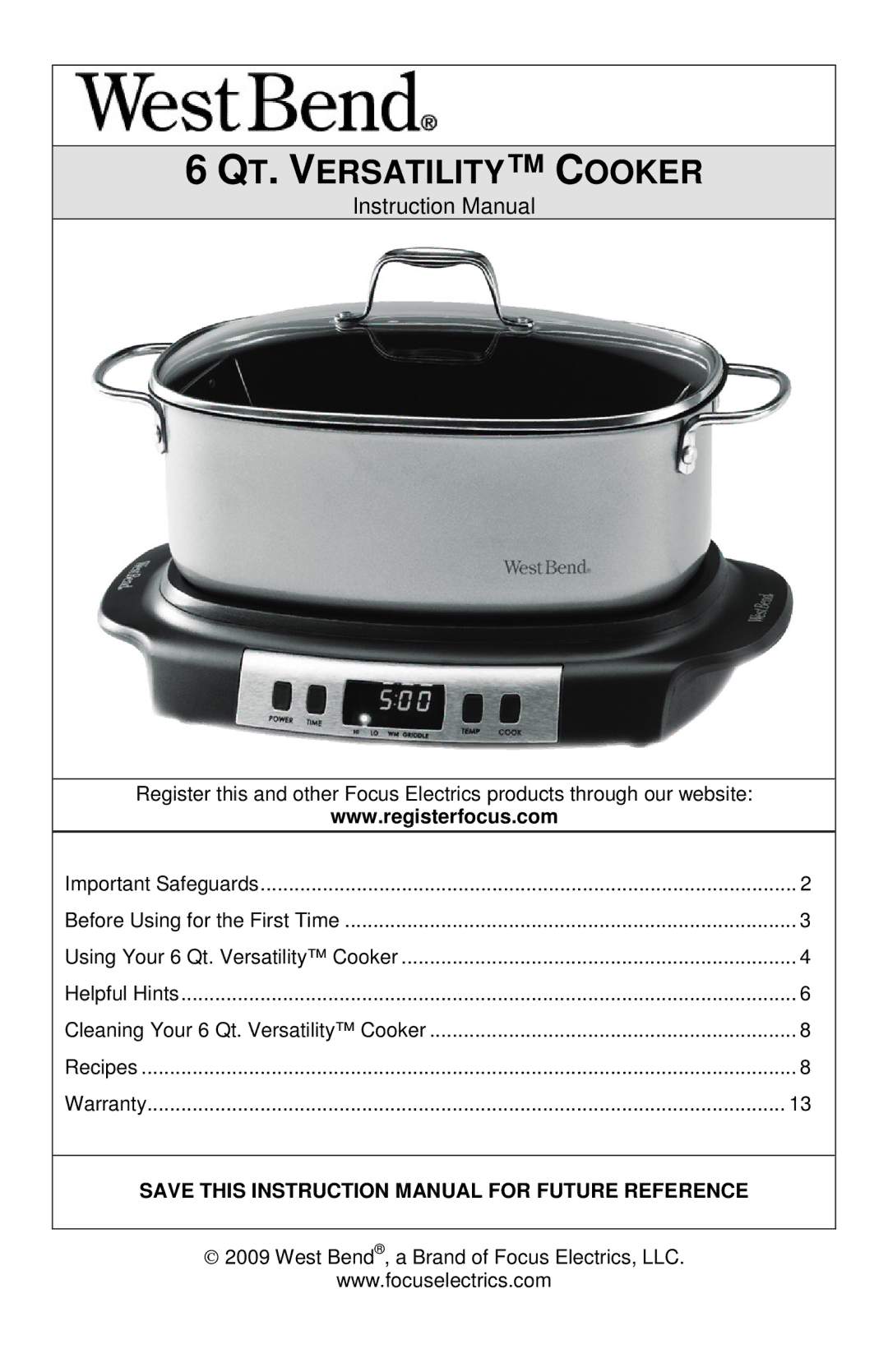 West Bend L5800, 84966 instruction manual QT. Versatility Cooker 