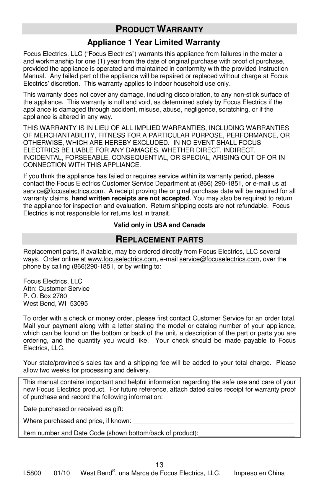 West Bend L5800 Product Warranty, Appliance 1 Year Limited Warranty, Replacement Parts, Valid only in USA and Canada 