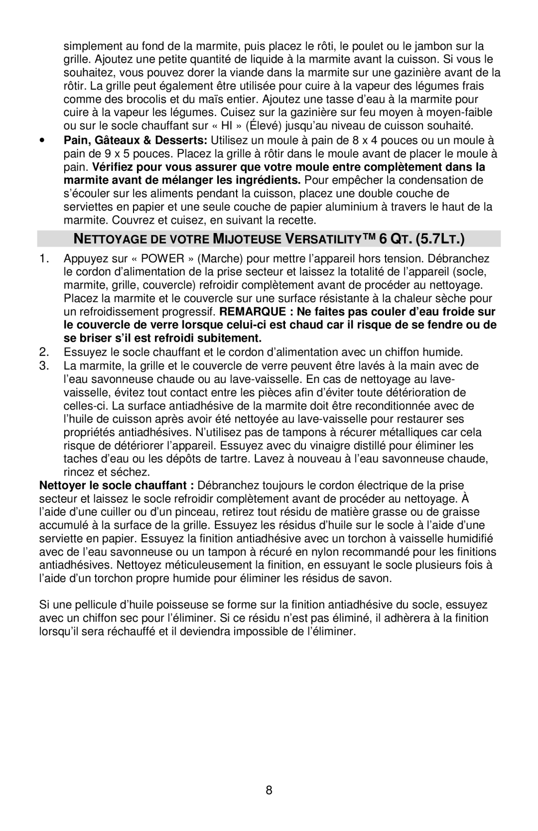 West Bend 84966, L5800 instruction manual Nettoyage DE Votre Mijoteuse Versatility 6 QT .7LT 