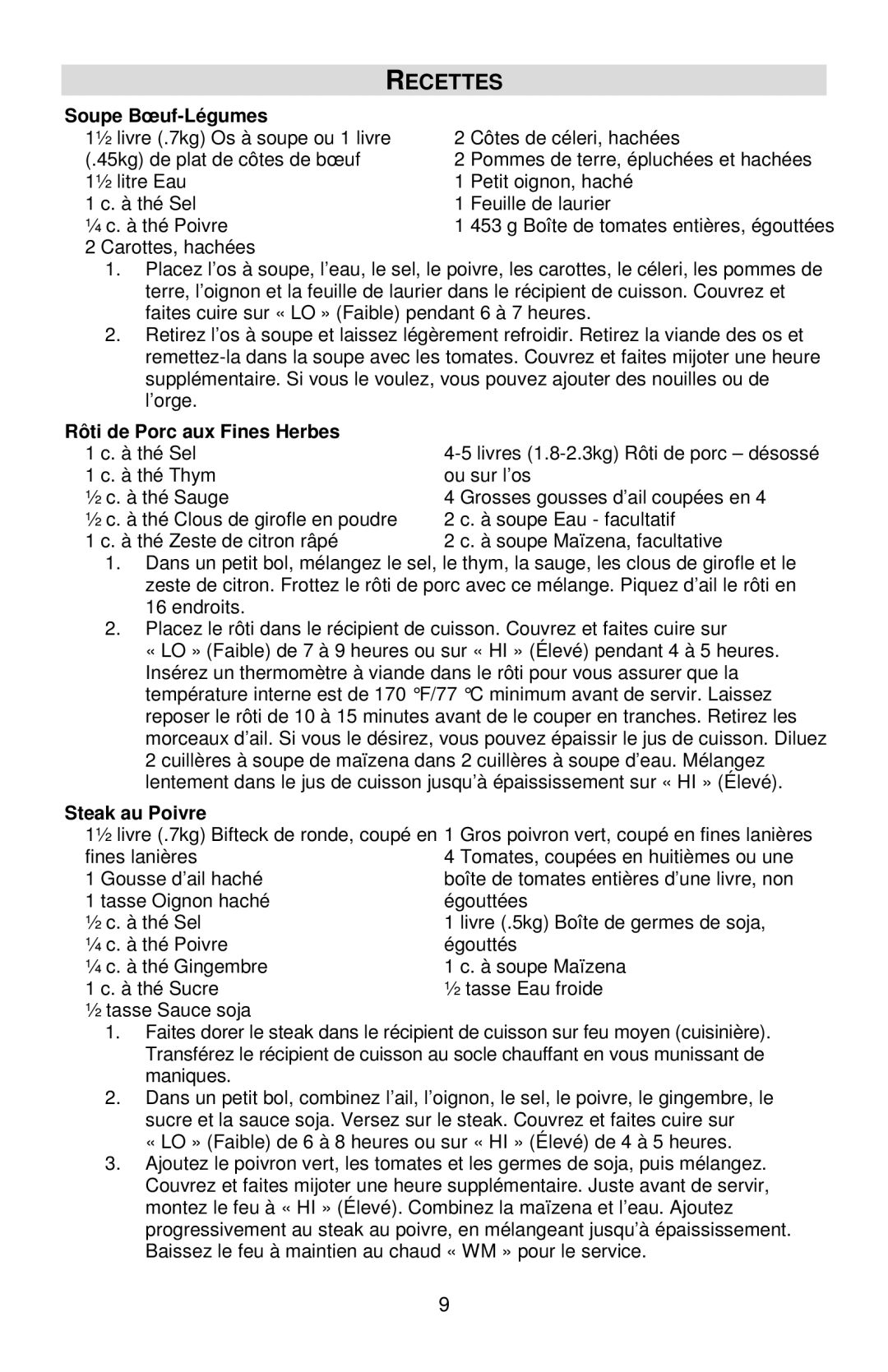 West Bend L5800, 84966 instruction manual Recettes, Soupe Bœuf-Légumes, Rôti de Porc aux Fines Herbes, Steak au Poivre 