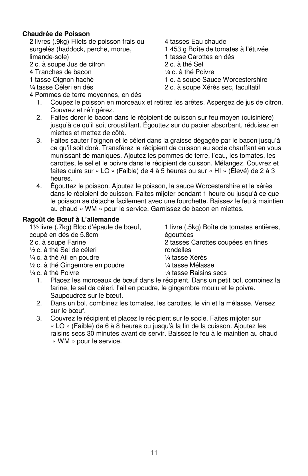 West Bend L5800, 84966 instruction manual Chaudrée de Poisson, Ragoût de Bœuf à L’allemande 