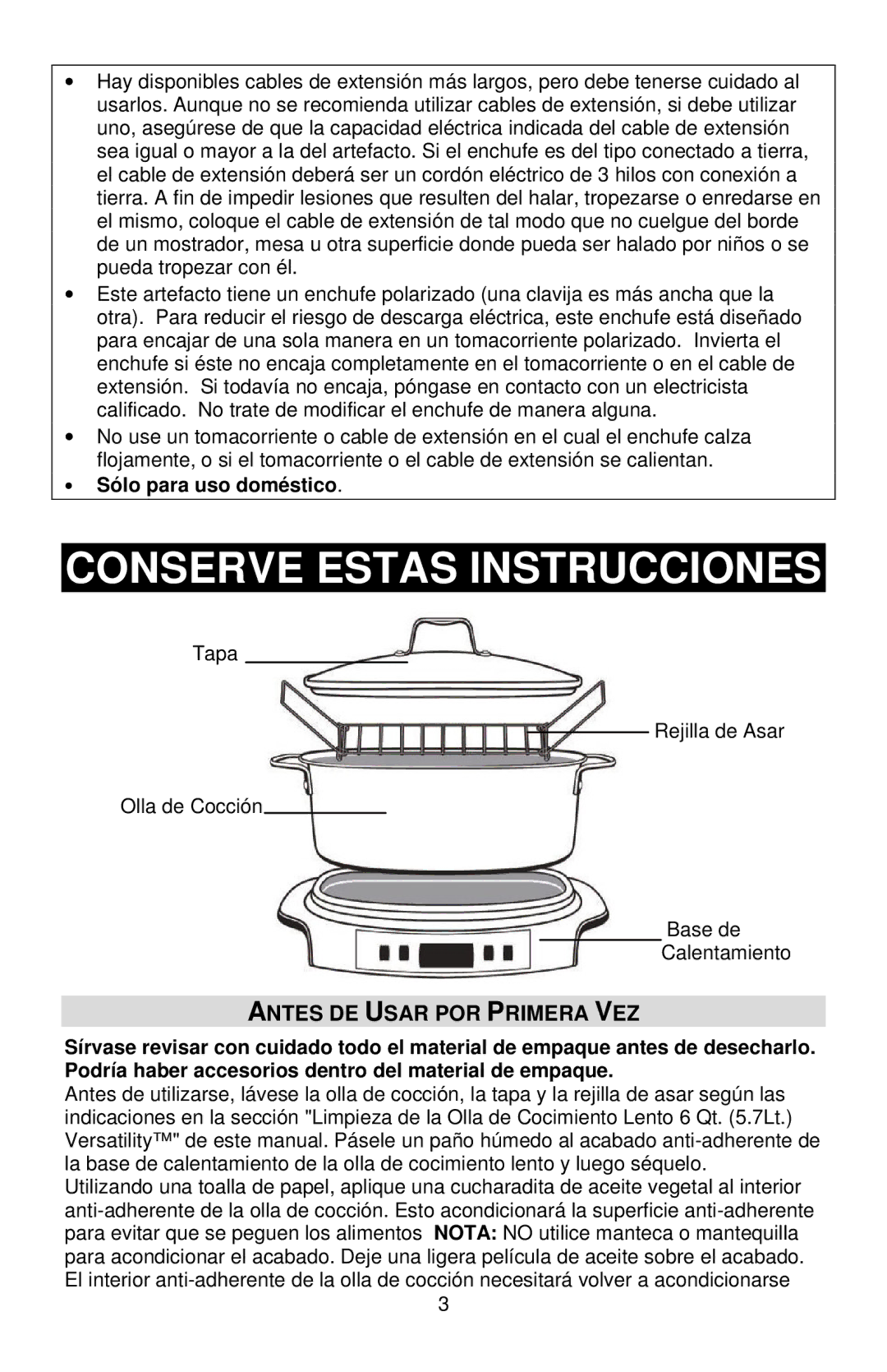 West Bend 84966, L5800 instruction manual Antes DE Usar POR Primera VEZ, Sólo para uso doméstico 