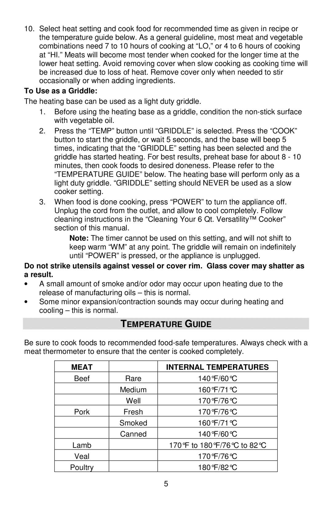 West Bend L5800, 84966 instruction manual Meat Internal Temperatures 