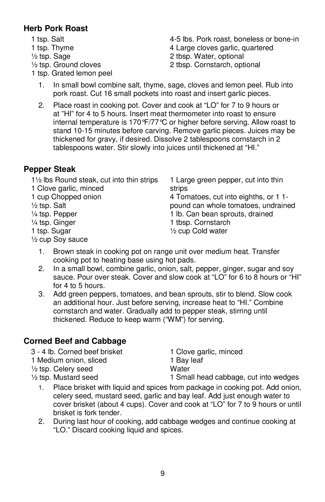 West Bend L5800, 84966 instruction manual Herb Pork Roast, Pepper Steak, Corned Beef and Cabbage 