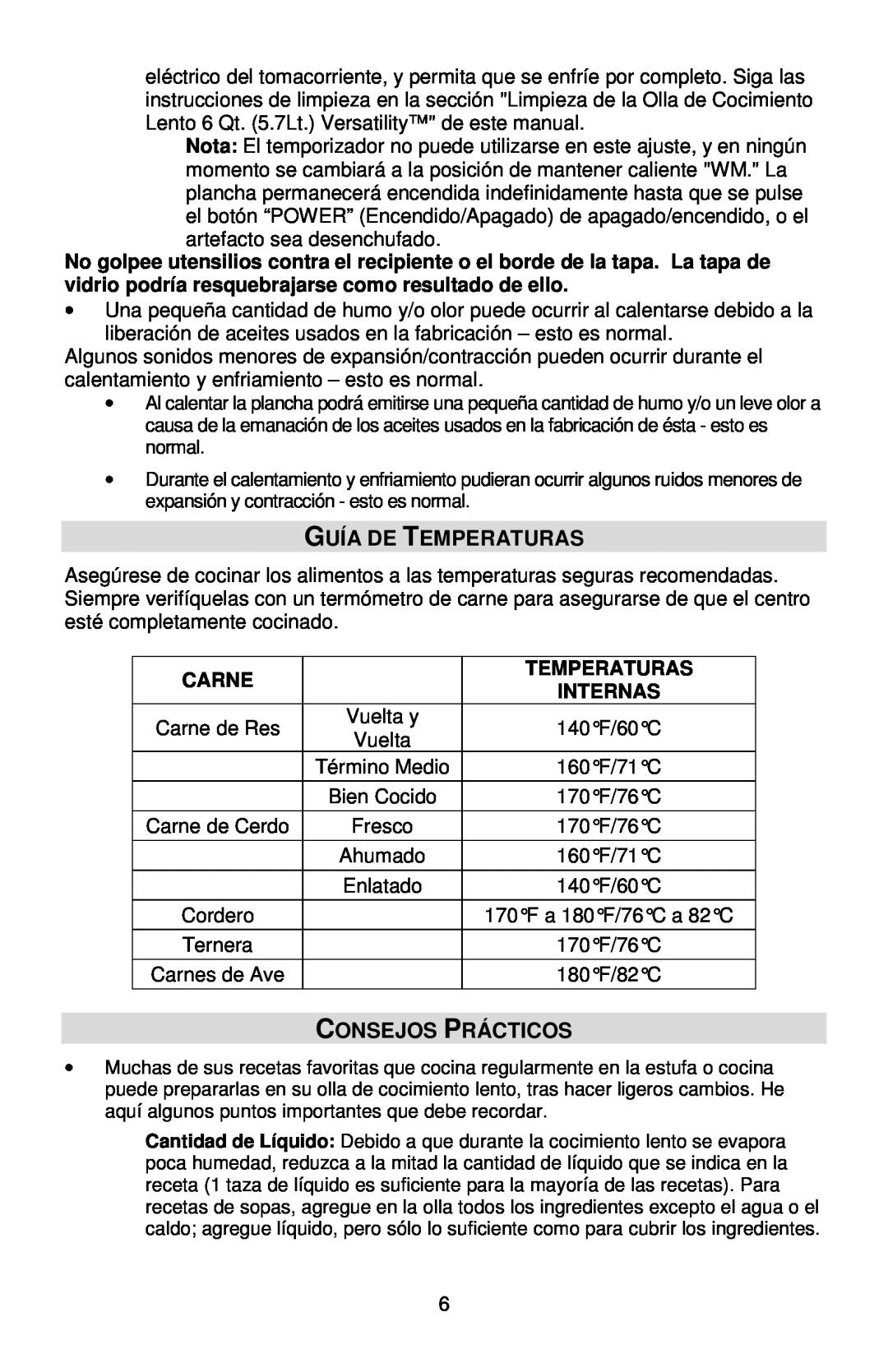West Bend L5800, 84966 instruction manual Guía De Temperaturas, Consejos Prácticos, Carne, Internas 