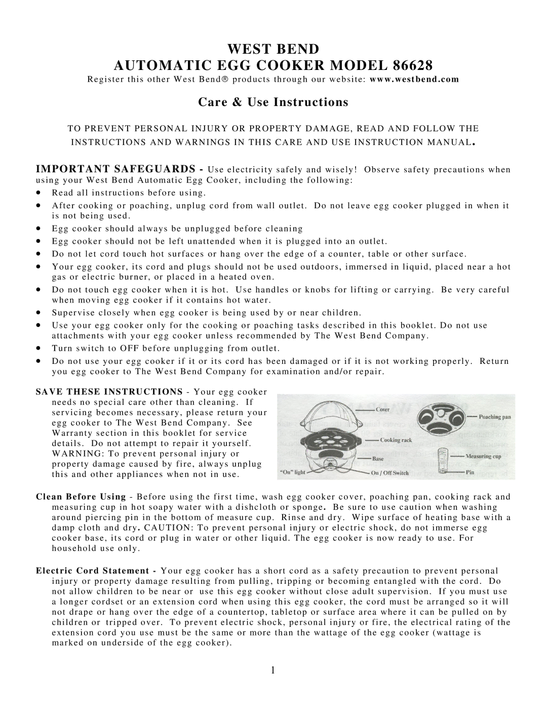 West Bend 86628 instruction manual West Bend Automatic EGG Cooker Model 