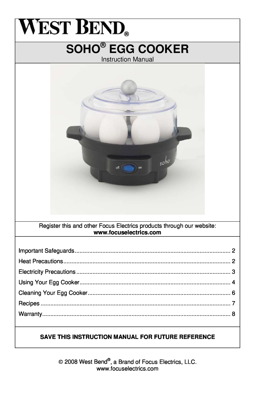 West Bend 86675 instruction manual Soho Egg Cooker 