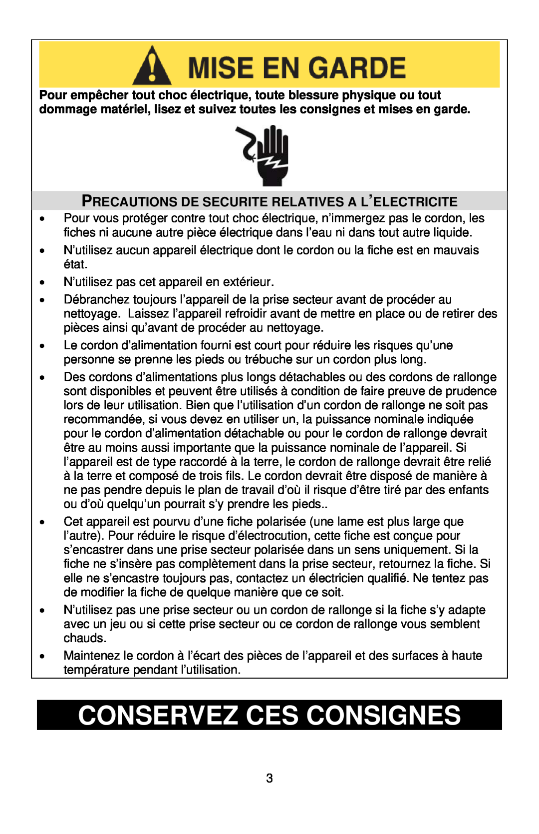 West Bend 86675 instruction manual Conservez Ces Consignes, Precautions De Securite Relatives A L’Electricite 