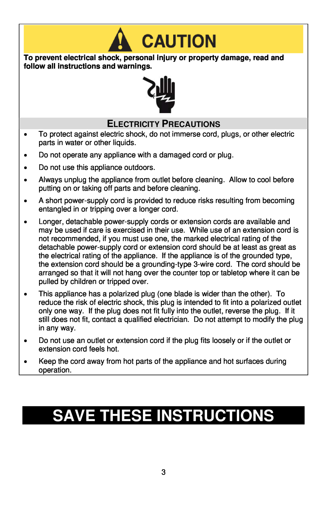 West Bend 86675 instruction manual Save These Instructions, Electricity Precautions 